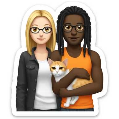 Black guy with dreads and glasses and a white girl with black hair holding an orange cat sticker