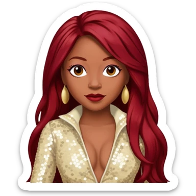 LaTavia Robeson from Destiny's Child with long dark red hair, ivory sequin outfit sticker