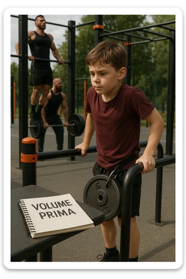 Atleta neofita giovane in un parco attrezzato per streetlifting, fisico ancora in fase iniziale. È intento a eseguire molte ripetizioni di esercizi a corpo libero con pesi leggeri (zavorra moderata), come trazioni e dip su parallele. Accanto a lui un taccuino di allenamento con la scritta 'Volume Prima'. L’atmosfera è luminosa e motivante, con altri atleti più muscolosi che sollevano carichi pesanti, ma lui è concentrato sul gesto tecnico e sulla costanza. Stile realistico, colori naturali, messaggio educativo su priorità all’adattamento progressivo e al volume. sticker
