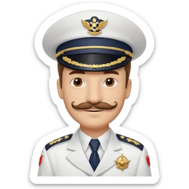 A light-skinned man with brown eyes and another mustache, smiling while wearing a white captain’s hat with a navy emblem. sticker