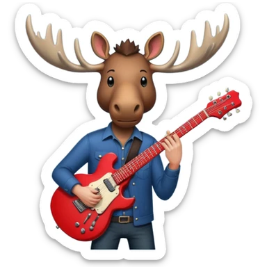  A man with the head of a moose playing a red electric guitar in Alaska. Give him a dark vibe and an attitude sticker