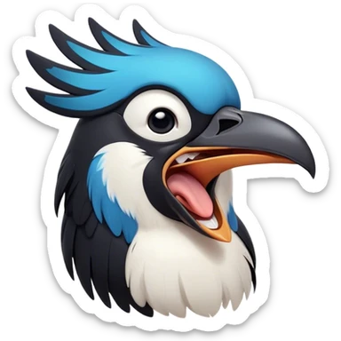 Cinematic Cute Yawning Magpie Portrait Emoji, Head tilted slightly with a dramatic, wide-open yawn, showcasing a sleek, contrasting feathered form with softly drooping wings and sleepy, half-closed eyes, Simplified yet irresistibly adorable features, highly detailed, glowing with a soft, cozy urban glow, high shine, relaxed yet expressive, stylized with a dash of whimsical charm, soft glowing outline, capturing the essence of a drowsy yet affectionate magpie that appears ready to stretch out for a nap! sticker