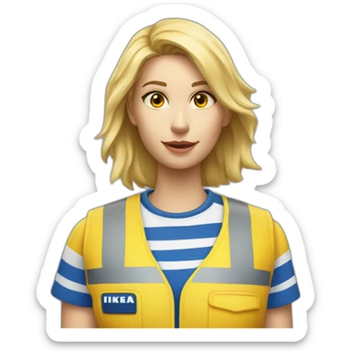 Ikea coworker blond woman blue stripes t-shirt and yellow security vest scanning palets sticker