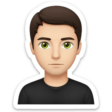 A man with olive green eyes, dark brown hair, fair skin tone, wearing a black shirt  sticker