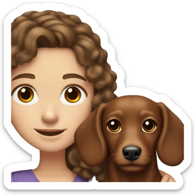 White Girl long curly brown hair smiling and brown eyes with long eyelashes and holding a dachshund  in her arms sticker