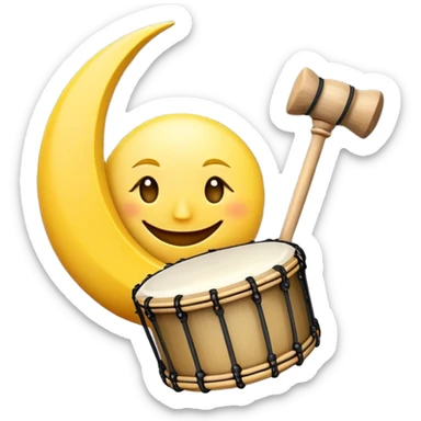 smiling crescent moon with drum and mallet symbolizing sahur time sticker