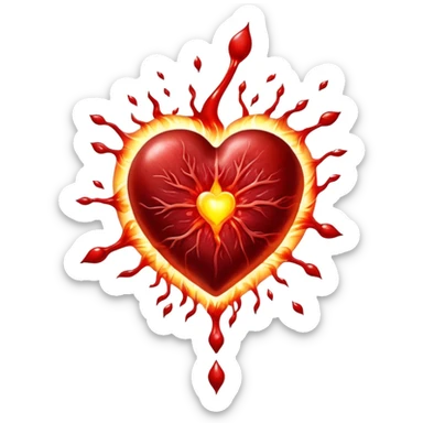 Glowing pieces of red meat floating around a red blood cell that shines brightly like a torch. Streams of light connect the blood cell to a heart and muscles, showing how heme iron creates energy and vitality throughout the body. sticker