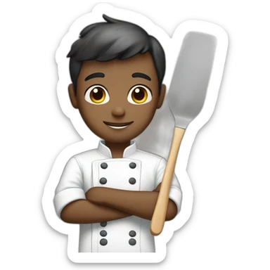 Boy with blue eyes in chef outfit holding a spatula sticker