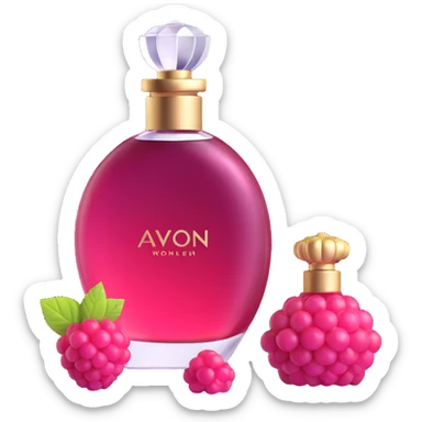 AVON women's perfume bottle next to a raspberry-shaped bottle sticker