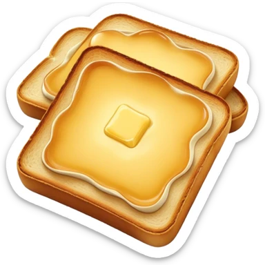 Cinematic warm toasted bread, golden-brown edges, butter melting into the surface, slightly crispy texture, simple and comforting, warm glowing background, inviting and homely. sticker