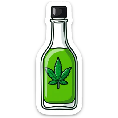 Curved red glass bottle like Coca-Cola with a green cannabis leaf printed on it and a label sticker
