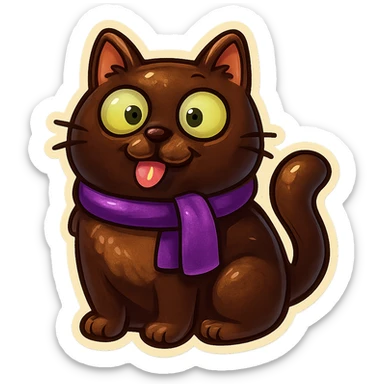 Fluffy cute derpy silly goofy funny dark-brown cat with green eyes and a purple scarf  sticker