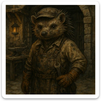 anthropomorphic humanoid hedgehog in a working engineering uniform, dirty muzzle and clothes, standing in front of an old medieval workshop, direct look, dungeons and dragons style, detailed illustration, artstation quality sticker