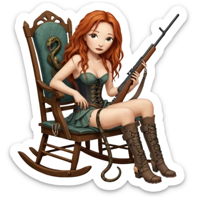 solarpunk ultra HD Tori Amos casually crouches on a rocking chair in a torn corset, holding a lintlock rifle and with muddy feet. a bronze snake wrapped itself around the chair sticker