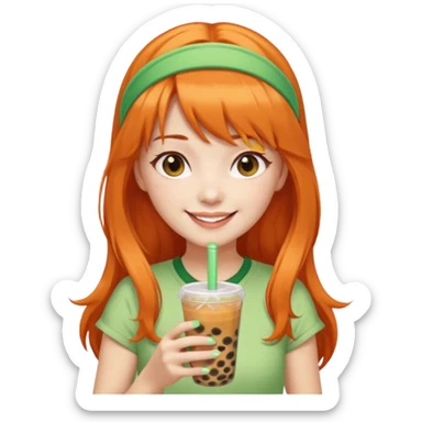 Create an emoji of a fair-skinned woman with long orange hair, bangs, and a green headband, holding a cup of bubble tea. sticker