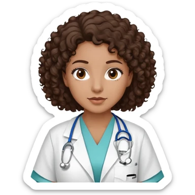 mulher com cabelo cacheado castanho escuro, pele marrom médio, olhos castanhos escuros, usando jaleco hospitalar, sem estetoscópio sticker