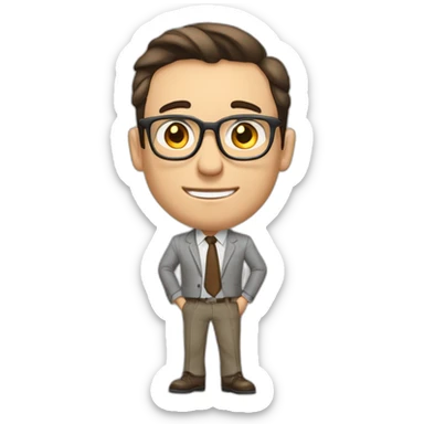 Pale skinned fit man with dark brown hair in gray jacket, beige office shirt, brown tie, brown pants and vintage glasses Writing on the flipchart sticker