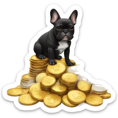 Black-and-tan French bulldog sitting on gold coins sticker