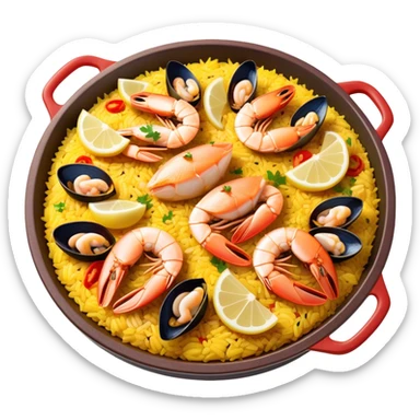 cinematic-realistic-paella-dish-emoji,-depicted-as-a-vibrant,-aromatic-rice-dish-loaded-with-seafood,-chicken,-and-saffron-rendered-with-rich-textures-and-dynamic,-warm-lighting with a lemon slice in the middle sticker