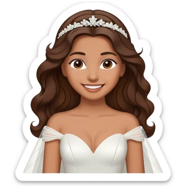 Tan, Dark Brown haired girl, long Hollywood wave hair, in white wedding dress smiling sticker