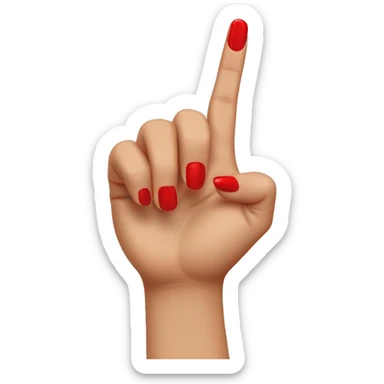 woman hand pointing index finger, red nail varnish. top of the hand is showing sticker
