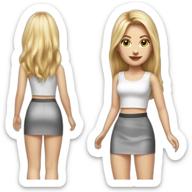 hyperrealist caucasian long blonde brown eyes woman white top gray mini tight skirt black heels sticker