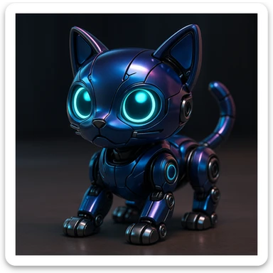 stylized cat robotic toy, metallic details sticker