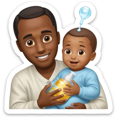 Sean “Diddy” Combs with baby oil and a very small infant and he’s pouring the baby oil on the baby and they have a scared face they’re really scared while diddy is happy sticker