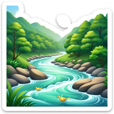 Cinematic Realistic River Emoji, Serene and flowing, with sparkling water meandering through lush greenery, surrounded by trees and rocks. The sun dances across the rippling surface, creating glimmering reflections while birds fly overhead. Soft glowing outline, capturing the essence of peacefulness and tranquility in a meandering river. sticker