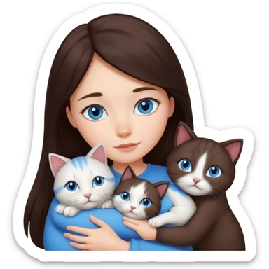 a girl with long dark 
brown hair, with blue eyes, hugs 3 different natural coloured cats sticker