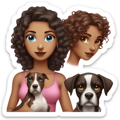 Beautiful tattooed curly dark brown haired woman, holding a boxer dog, and pink sphinx with blue eyes sticker