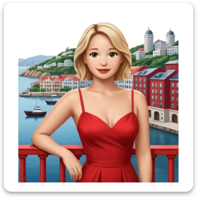 jennifer lawrence, red dress leaning on a balcony with a harbor and cityscape in the background, smiling, closeup sticker
