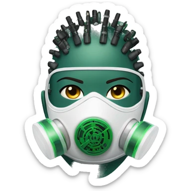 Dark green Mohawk female cyborg head with white respirator mask and circuits sticker