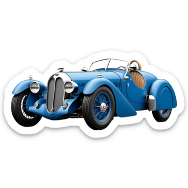  1936 luxury racing Bugatti lowered powerful 4 cylinder engined racing car featuring advanced rugged 4 wheel independent suspension, power steering, disc brakes and small leather covered steering wheel  sticker