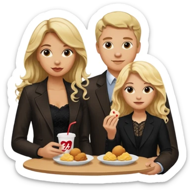 Love tan woman long wavy blonde hair and black lace  with  a man short blonde hair wearing Brown  jacket eating chick filet  sticker