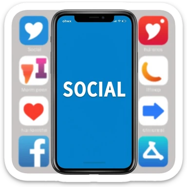 Full size smart phone with the word "SOCIAL" on the screen, with a social media app on-screen display in the background sticker