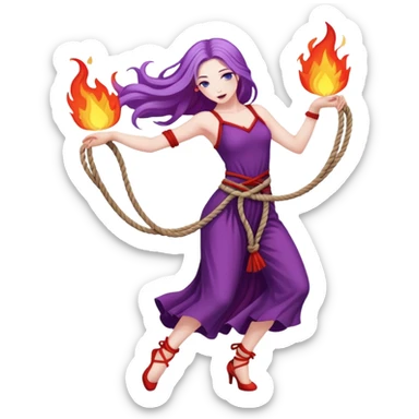 Full body rope on fire dance performer pale skin with long purple hair red dress sticker