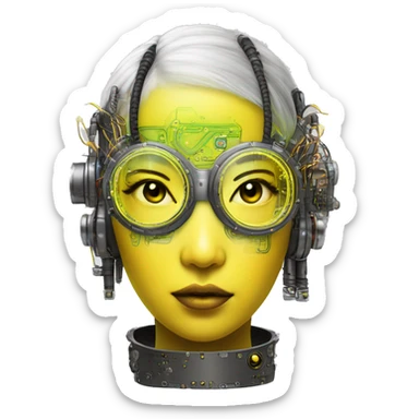 Neon yellow bobbed hair Asian female cyborg head with silver steampunk goggles and circuits sticker