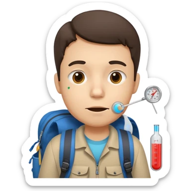person with backpack and thermometer in mouth sticker