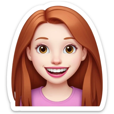 Young girl with pale skin, longer face, full pink lips smiling with big teeth, very long straight auburn hair (lighter ginger, not bright red), big brown eyes, extra large nose, big mouth, slightly asymmetrical features, less conventionally pretty sticker