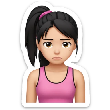 A tan girl with black hair in a ponytail. Wearing a pink tank top. Looking sad sticker