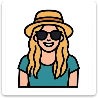 Add a stylish hat and sunglasses to the heroine, maintaining a modern casual look, smiling. sticker