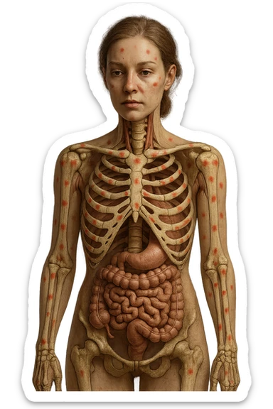 corpo umano anatomico di una donna affetta da fibromialgia, intestino anatomico realistico e red spot sparsi sulle sue ossa, iperrealistica 4k sticker
