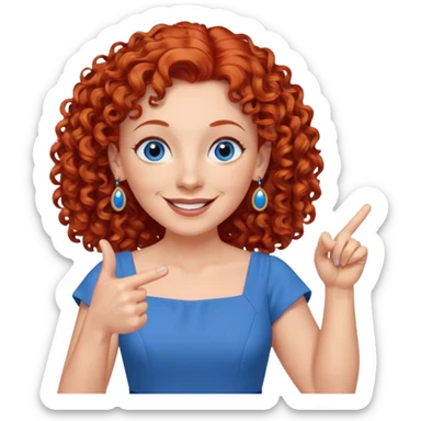 una profesora mayor simpática con el pelo rojo rizado, ojos azules, vestido azul y pendientes azules hablando sonriendo feliz indicando con un dedo sticker