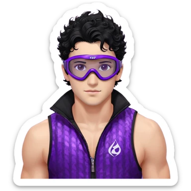male athlete with white skin and moderately curly black hair on top with shaved sides, wearing ski goggles with purple frames and very dark black lenses, a simple plain black chain necklace, and a completely unzipped sleeveless vest with purple and black sequin fire pattern design with no logo or brand emblem, fully revealing his chest, shoulders and arms, no earrings sticker