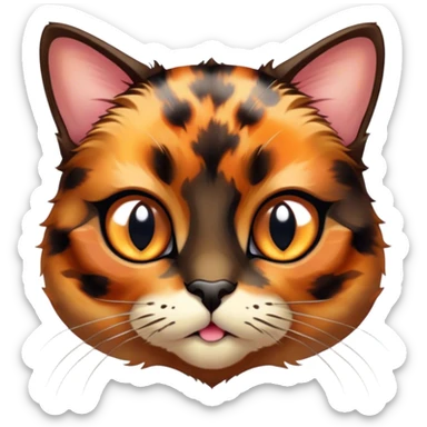 Cinematic Cute Tortoiseshell Cat Portrait Emoji, Head cocked sweetly with bright, curious eyes and a cuddly, mottled fur of rich browns and blacks, simplified yet charmingly adorable, highly detailed, glowing with a warm, gentle radiance, high shine, playful and endearing, styled with a dash of whimsical feline magic, soft glowing outline, capturing the essence of a cute tortoiseshell cat that seems ready to pounce with affectionate mischief! sticker