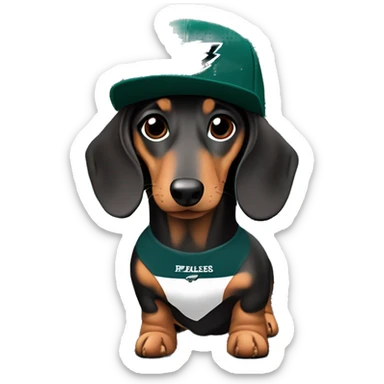 Miniature Dapple Dachshund wearing Philadelphia Eagles Hat with Coco name on Jersey sticker