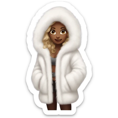 Tanned Girl with lashes ,  in an extremely big fluffy oversized white fur coat with hood on. The fur is real and it’s very obvious big and fluffy like in Pinterest  sticker