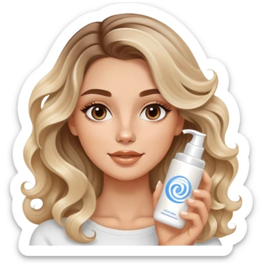 beautiful brunette with a light blondish balayage white girl with nice curls/defined waves, very long hair, clean girl makeup APPLYING A FACE CREAM ON HER FACE sticker