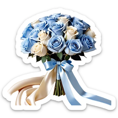 A backdrop of pearlescent ivory silk, draped like flowing water, provides the perfect setting for an exquisite bouquet of snow-white and pale blue roses, bound with a luxurious satin bow in soft beige. The ribbon’s ends curl gracefully, intertwining with delicate strands of pearls resting beside the bouquet. Above, a selection of metallic pearl balloons in warm champagne, opal white, and soft gold drifts effortlessly, their reflections creating a luminous, serene glow that enhances the timeless elegance of the scene. sticker
